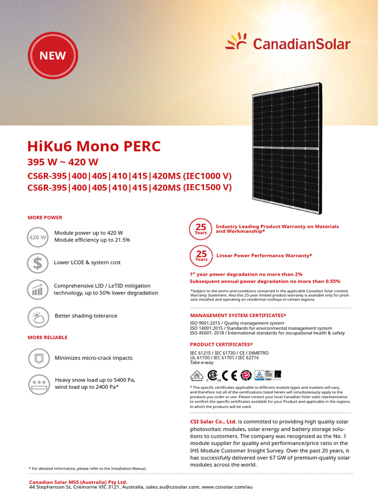 Canadian Solar CS6R-410MS Overview | PDF | Solar Panel | Photovoltaics