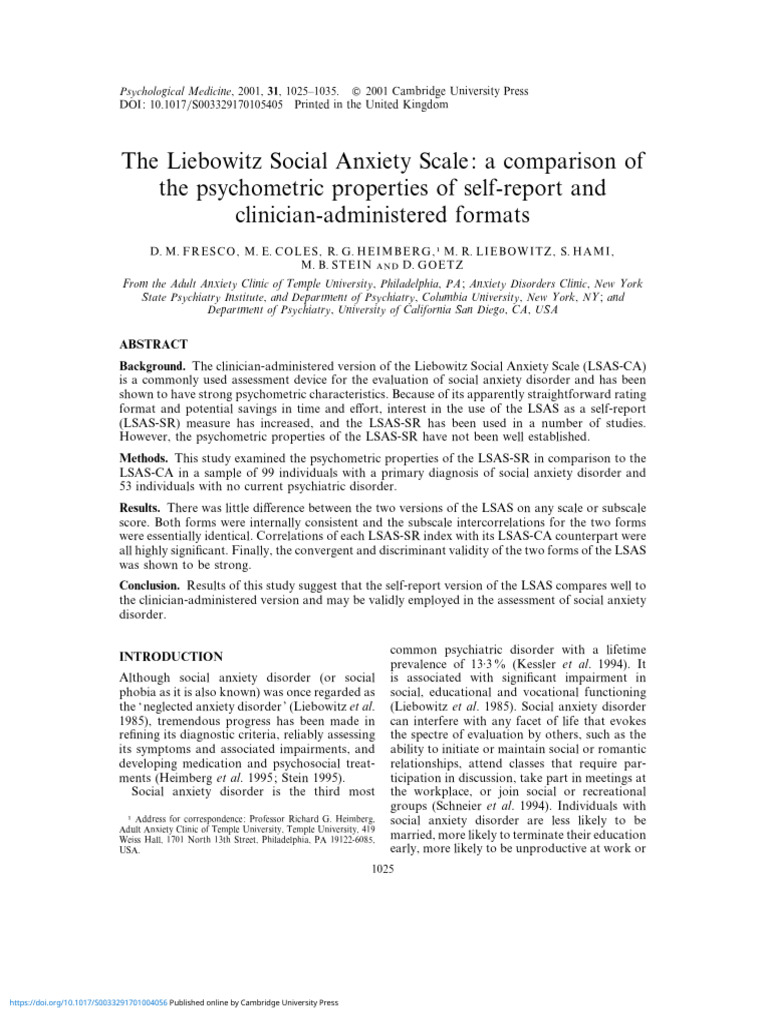 LSAS-SR vs. LSAS-CA: Psychometric Study | PDF | Social Anxiety Disorder ...