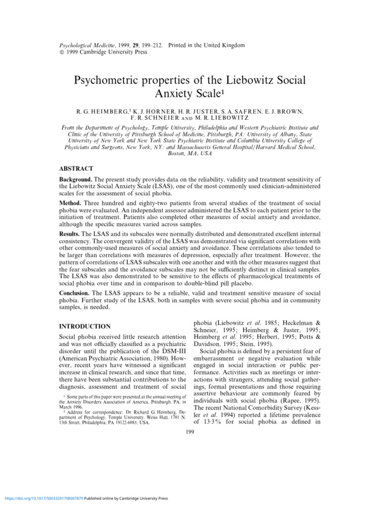 Psychometric Evaluation of LSAS | PDF | Social Anxiety Disorder ...