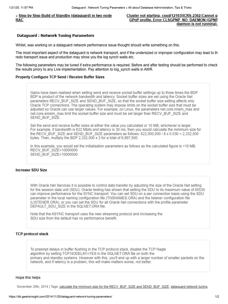 Dataguard Network Tuning Guide | PDF | Transmission Control Protocol ...