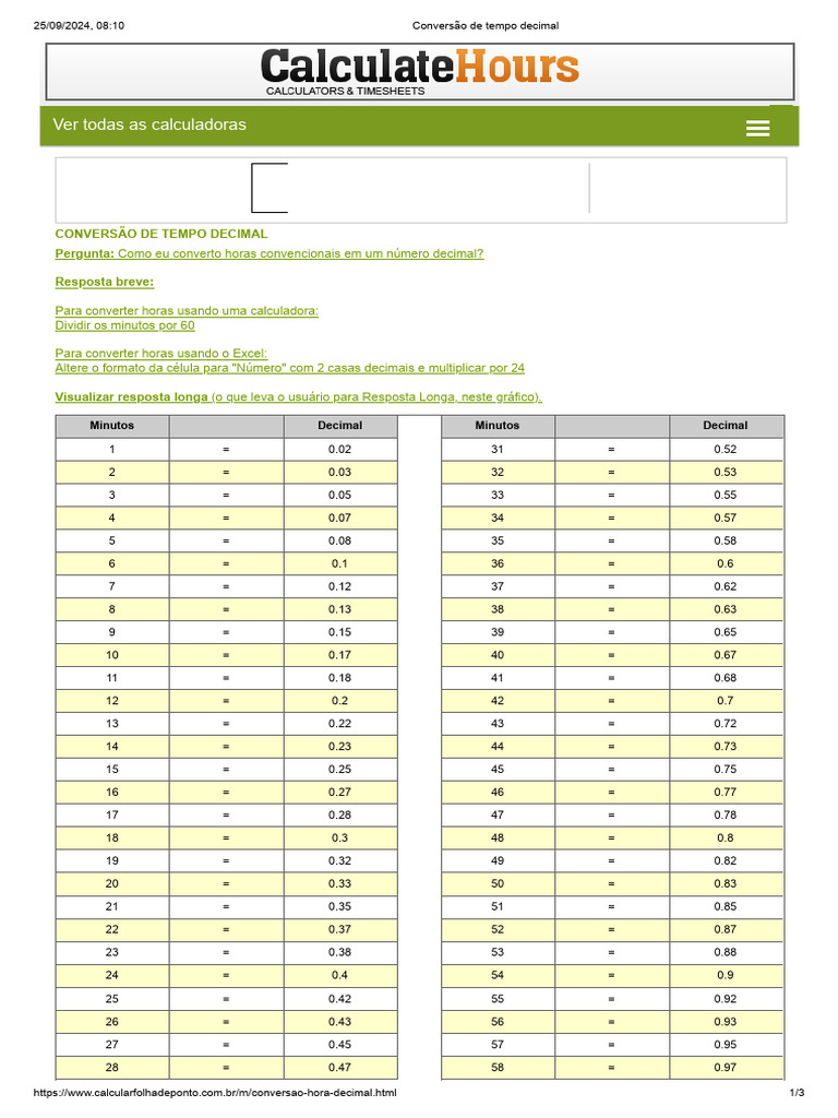 Conversão de Tempo Decimal Simplificada | PDF