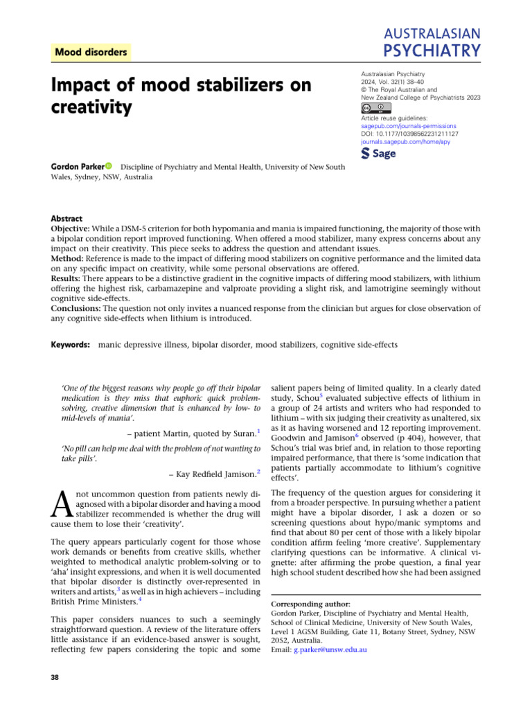 Impact of Mood Stabilizers On Creativity | PDF | Mania | Bipolar Disorder