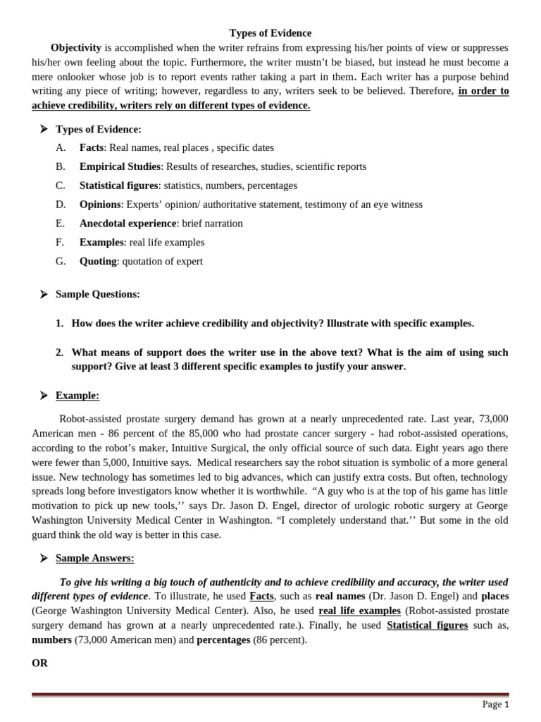 Types of Evidence for Credibility in Writing | PDF | Evidence | Statistics
