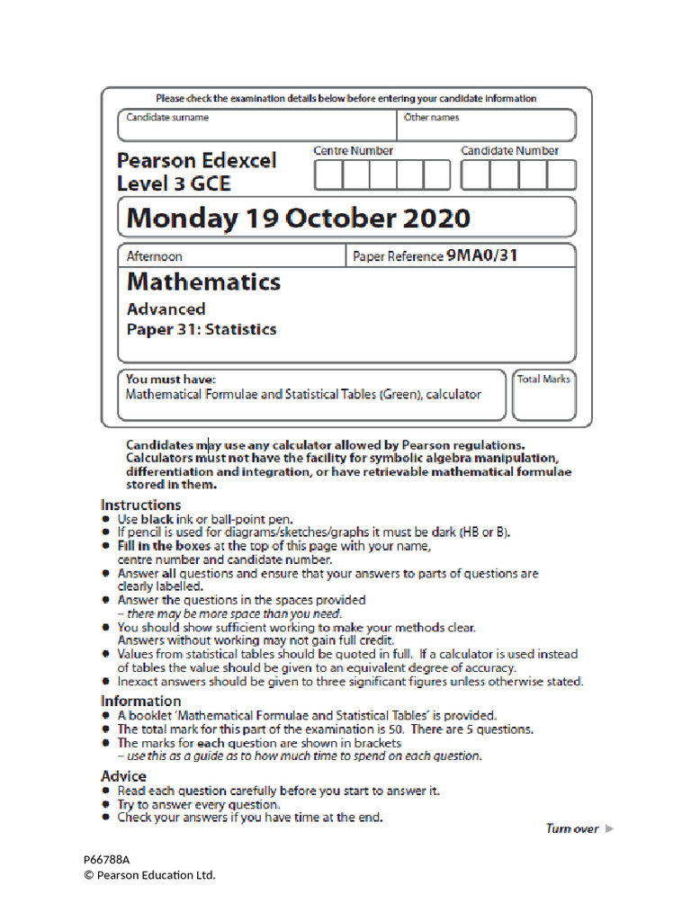 2010 9MA0-31 A Level Statistics - October 2020 (Word) | PDF | Mean ...