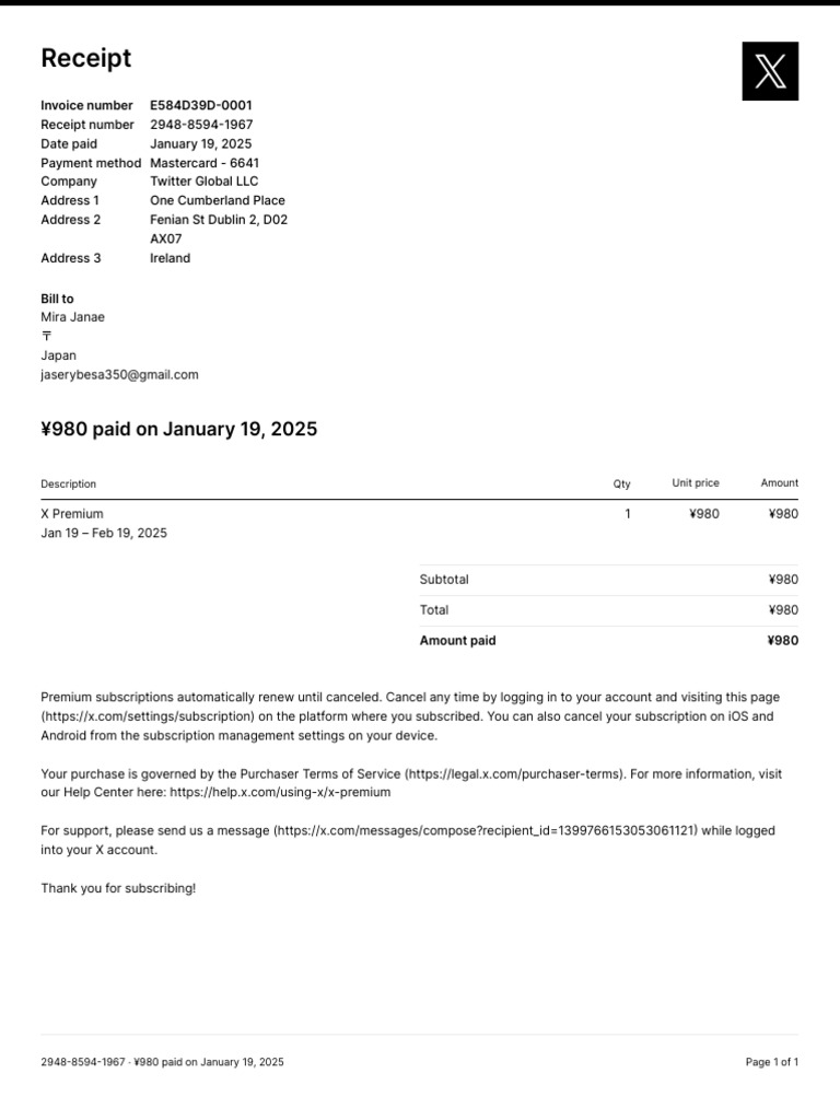 Twitter Premium Subscription Receipt | PDF