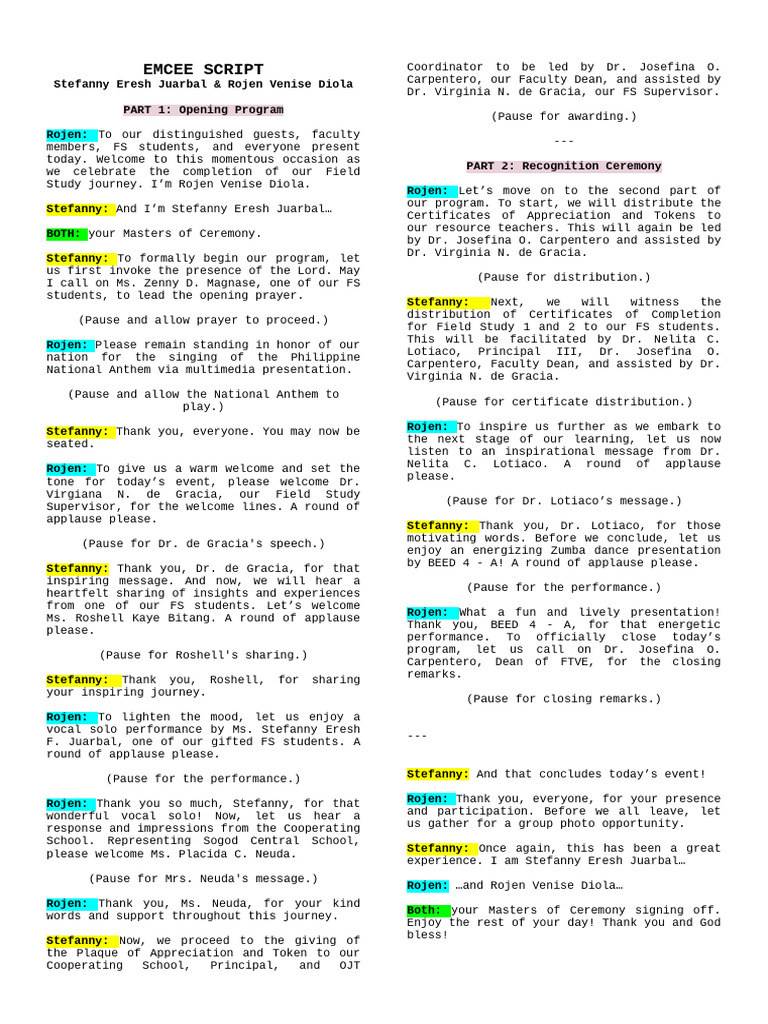 Emcee Script for Field Study Ceremony | PDF