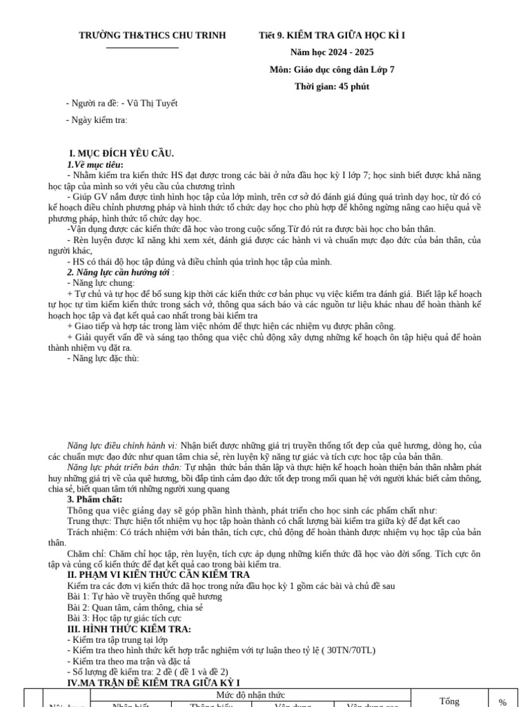 Đề giữa kì GDCD 7 | PDF