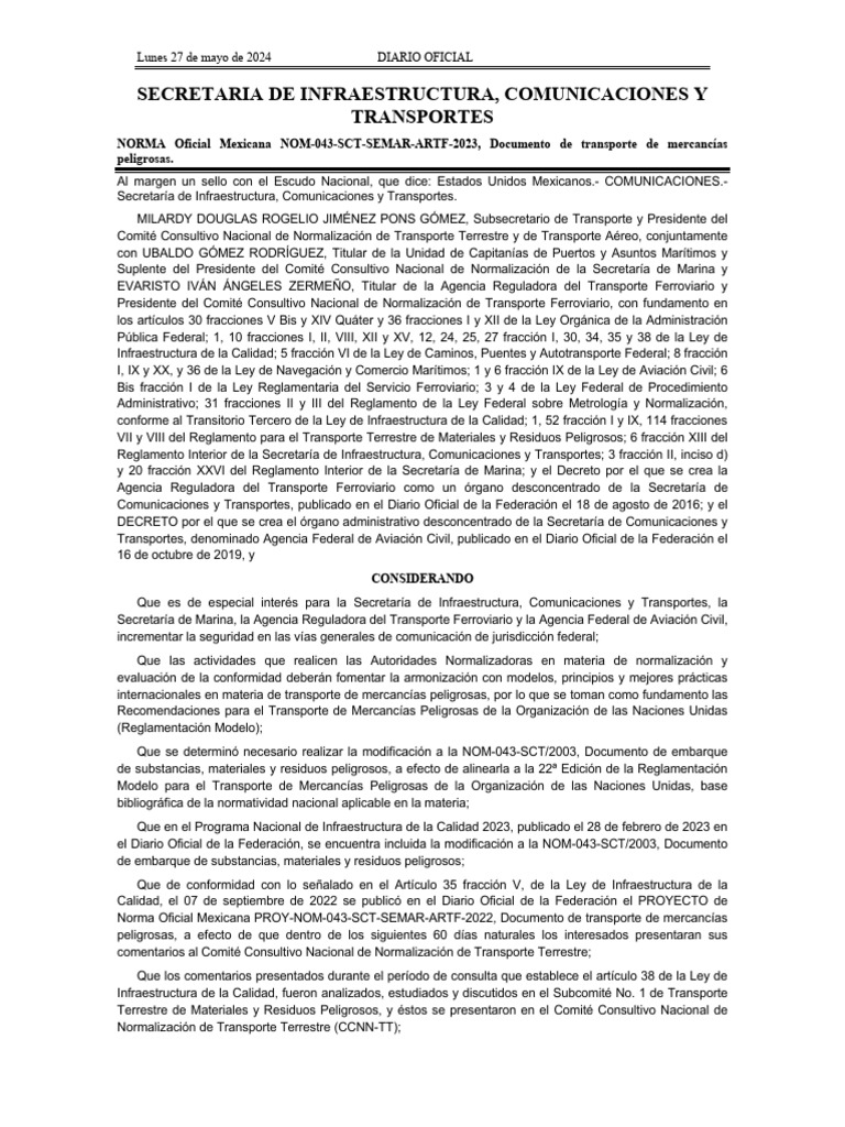Norma Oficial Mexicana NOM-043-SCT-2023 | PDF | Residuos | México