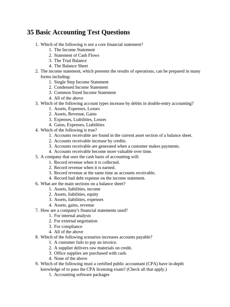 Basic Accounting Test Questions Guide | PDF | Debits And Credits | Expense