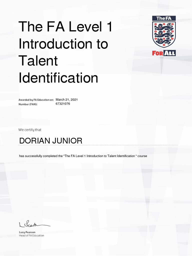 FA Level 1 Talent Identification Course Completion | PDF