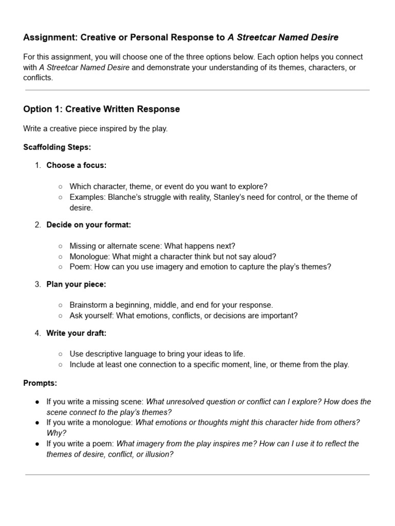 A Streetcar Named Desire Response Guide PDF Psychological Concepts