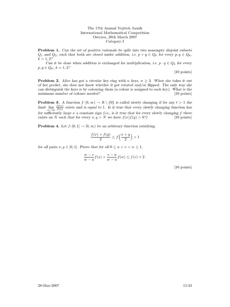 2007 Vojtěch Jarník Math Competition Problems | PDF