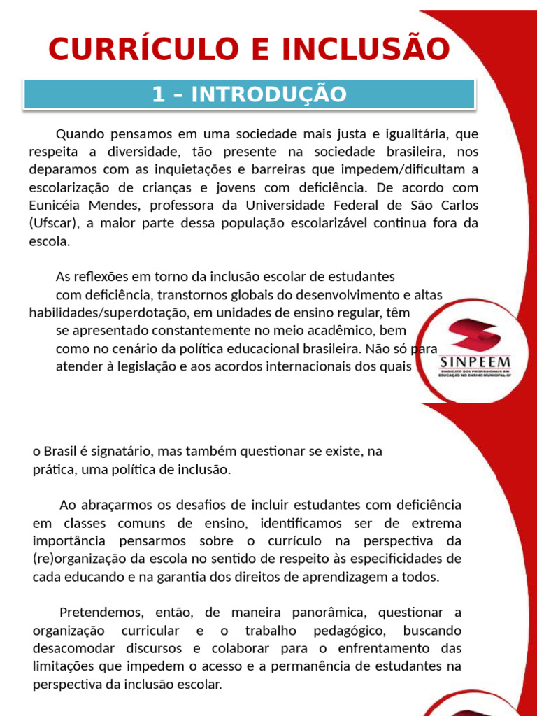 Currículo E Inclusão | PDF | Inclusão (Educação) | Pedagogia