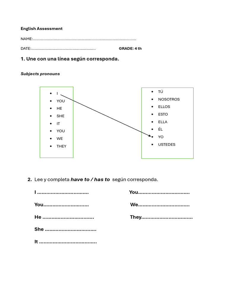 Evaluación de Inglés para 4to Grado | PDF