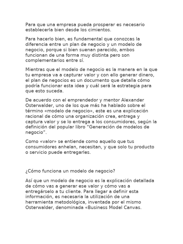 Diferencias entre Plan y Modelo de Negocio | PDF | Plan de negocios ...
