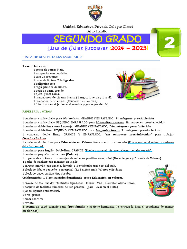 Útiles Escolares Segundo Grado 2024-2025 | PDF | Pantalones | Moda