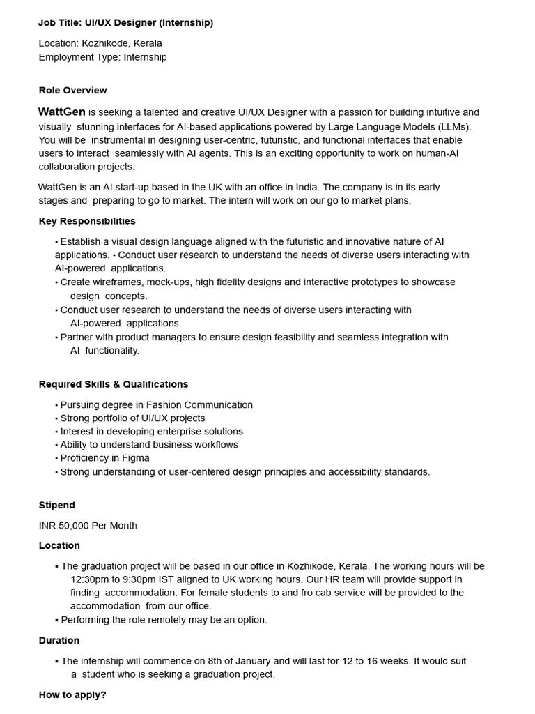 UI/UX Internship for Fashion Students | PDF