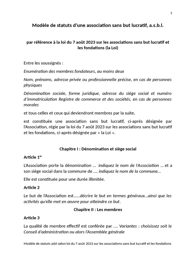 Modèle de statuts ASBL 2023 | PDF | Conseil d'administration | Sociétés