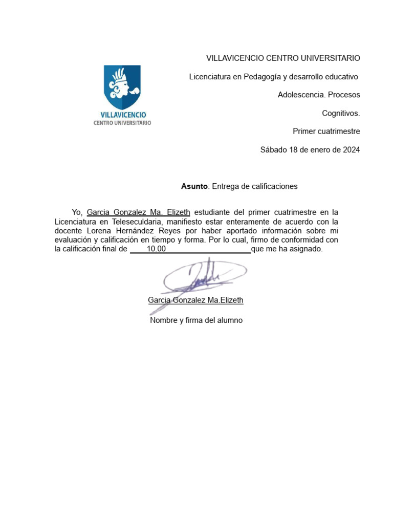 Firma de Conformidad de La Entrega de Calificaciones. MFGH. | PDF
