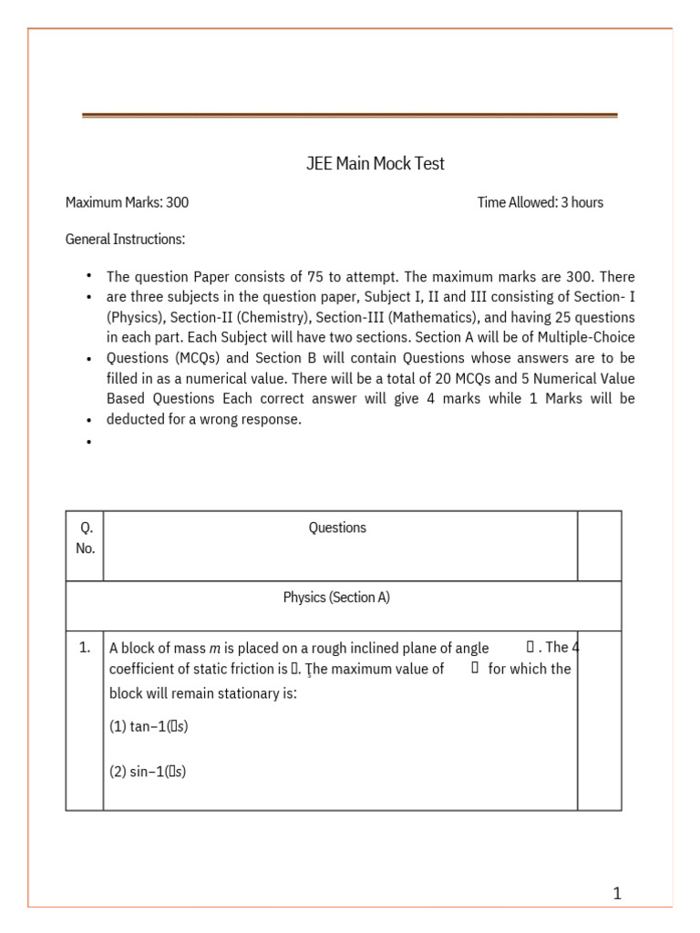 JEE Main Solved Mock Test Set 1 2025 | PDF | Waves | Gases