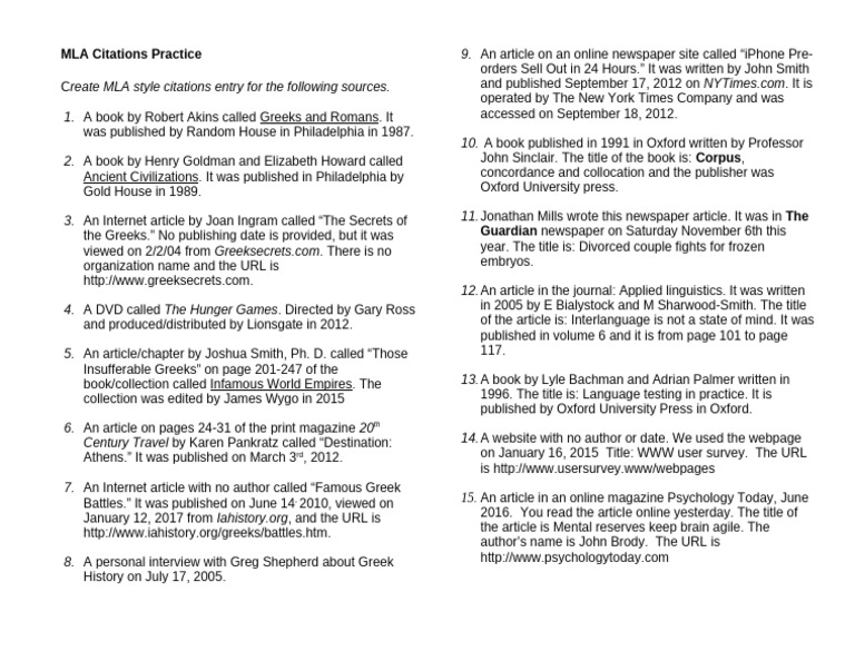 MLA Citations Practice | PDF | Publishing