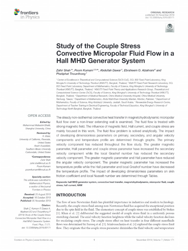 Study of The Couple Stress Convective Micropolar Fluid Flow in A Hall ...