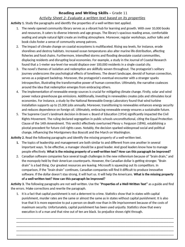 Grade 11 Reading & Writing Evaluation Guide | PDF | Climate Change ...