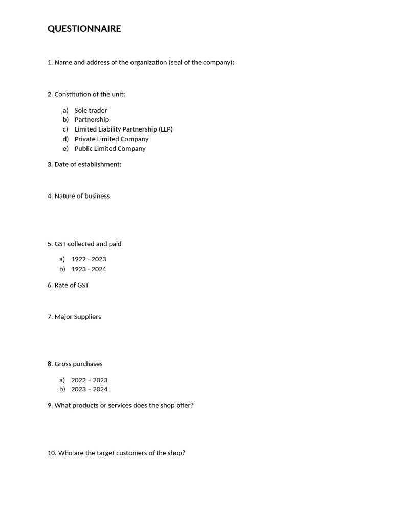 Business Operations Questionnaire Template | PDF