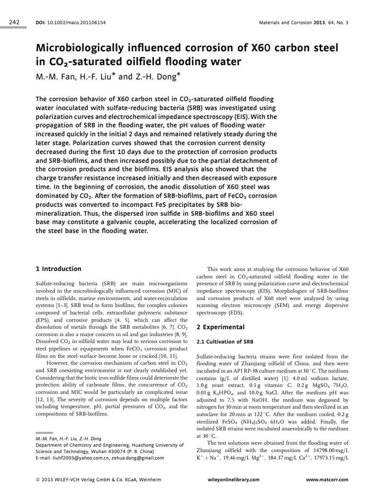 Corrosion of X60 Steel in CO2-SRB Water | PDF | Corrosion | Carbon Dioxide