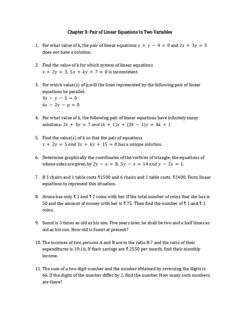Chapter 3 - Pair of Linear Equations in Two Variables | PDF | Equations ...