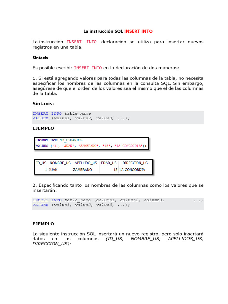 Guía SQL: Uso de INSERT INTO | PDF