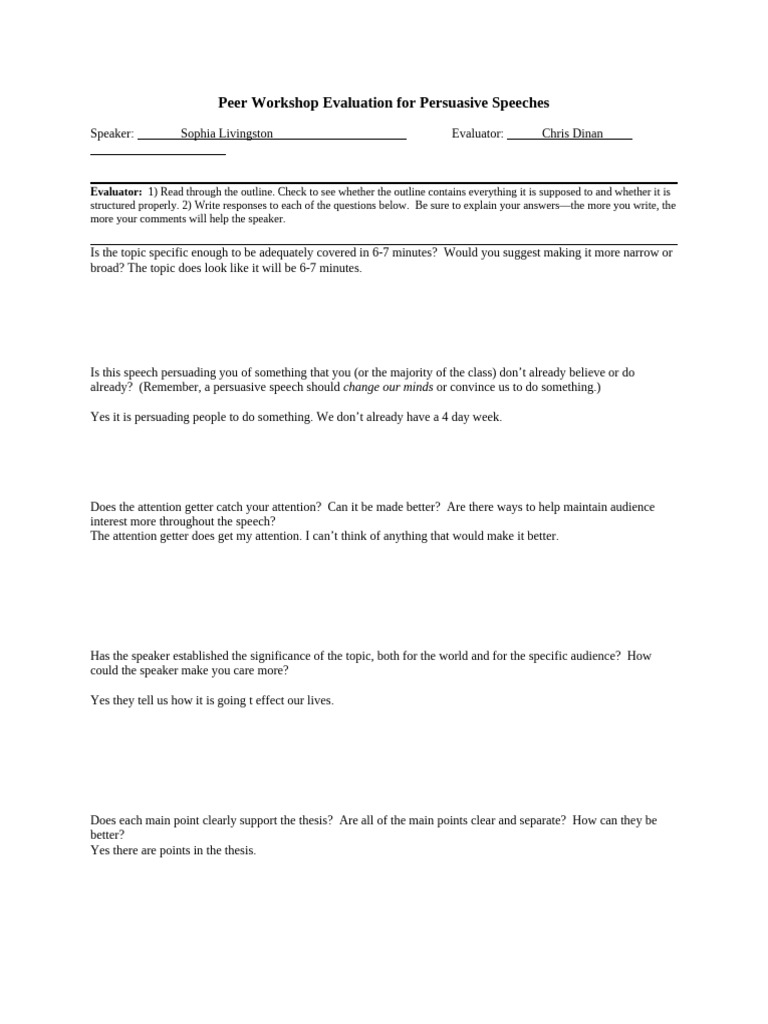 Peer Evaluation for Persuasive Speech | PDF