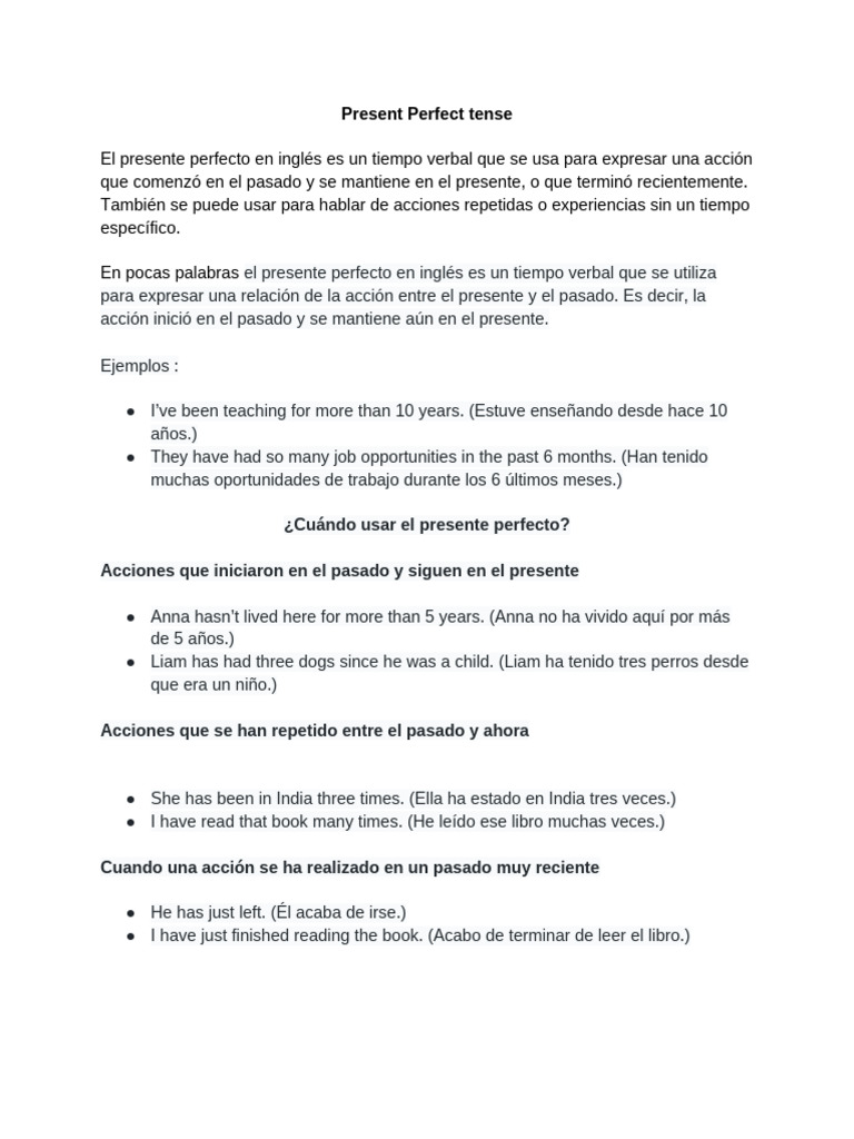 Guía del Presente Perfecto en Inglés | PDF