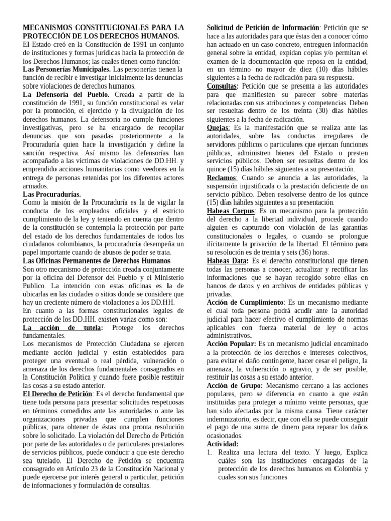 Mecanismos Constitucionales de DD.HH. en Colombia | PDF | Petición ...