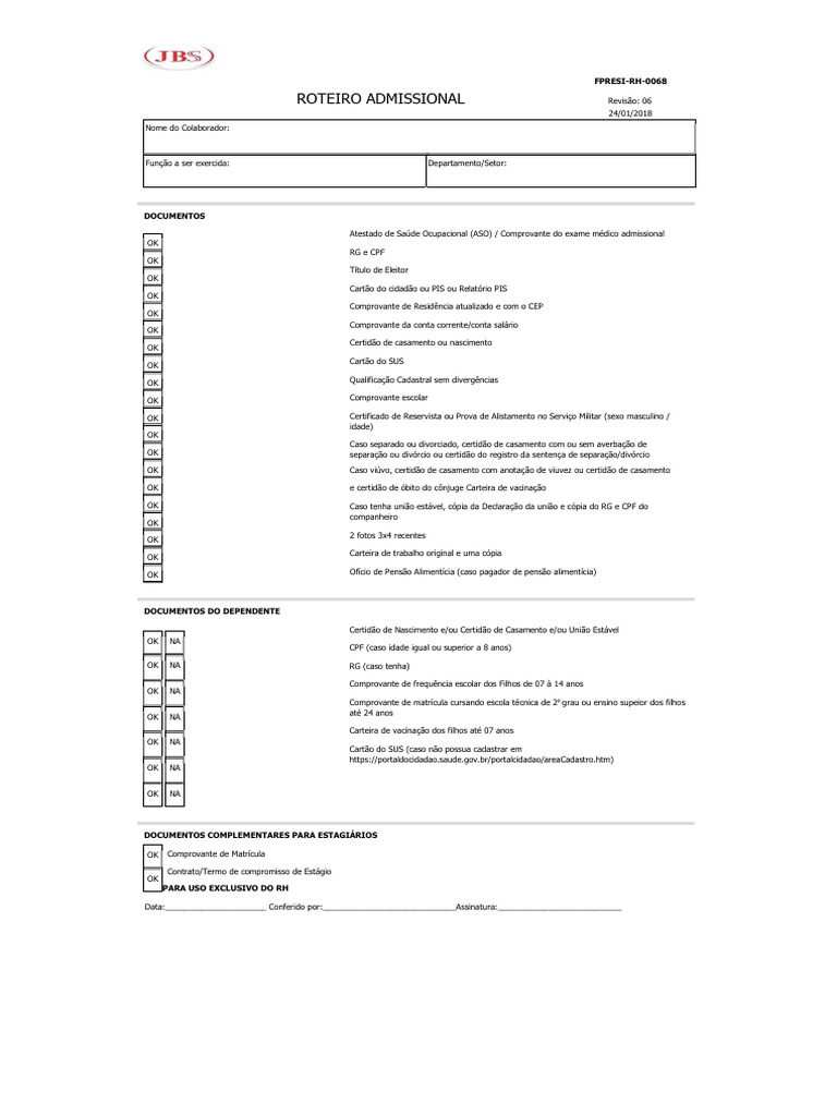 Roteiro Admissional Simplificado Pdf Governo E Personalidade