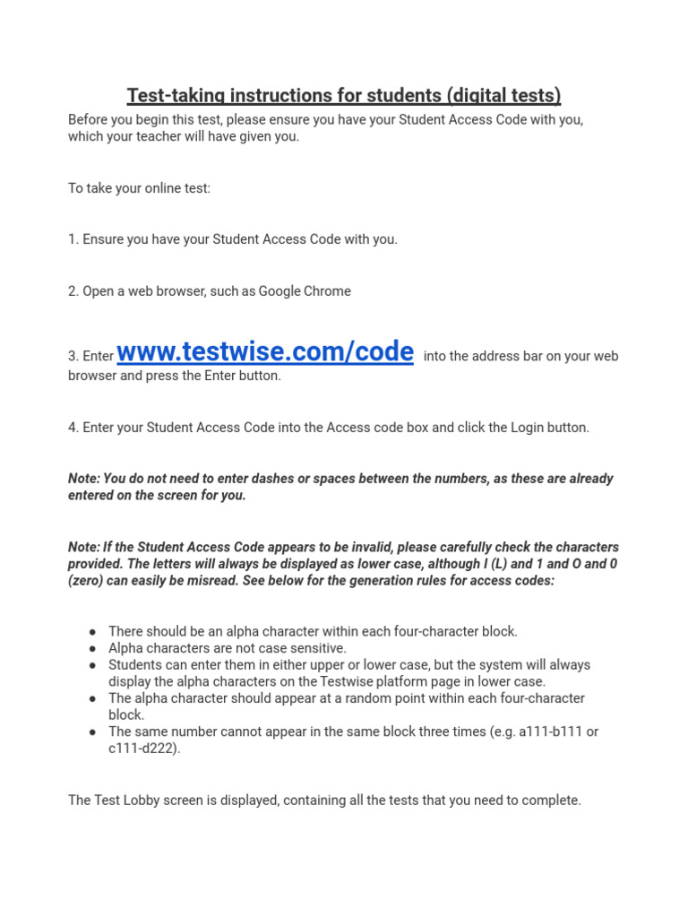 Testwise Student Login Instructions | PDF