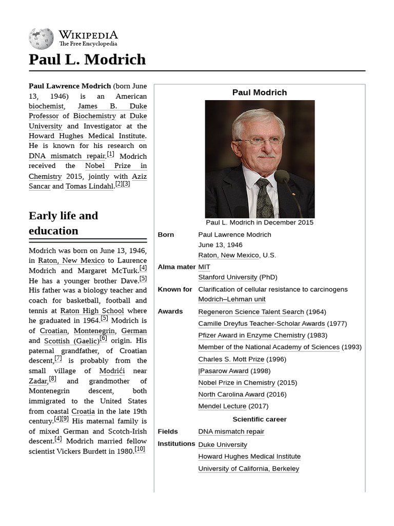 Paul L. Modrich: Biochemist Profile | PDF | Biology | Biochemistry