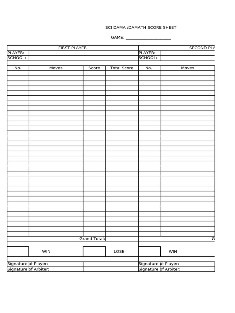 SCI DAMA/DAMATH Score Sheet Template | PDF