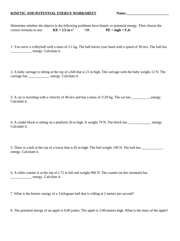 Kinetic and Potential Energy Worksheet | PDF | Potential Energy ...