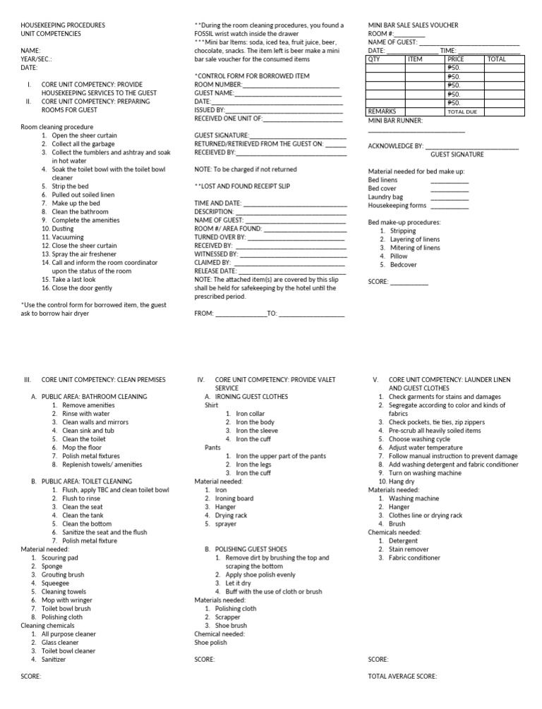 Housekeeping Procedures and Competencies | PDF | Housekeeping | Clothing