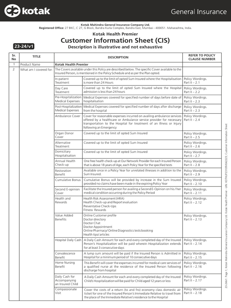 Kotak Health Premier Wording | PDF | Intensive Care Unit | Insurance