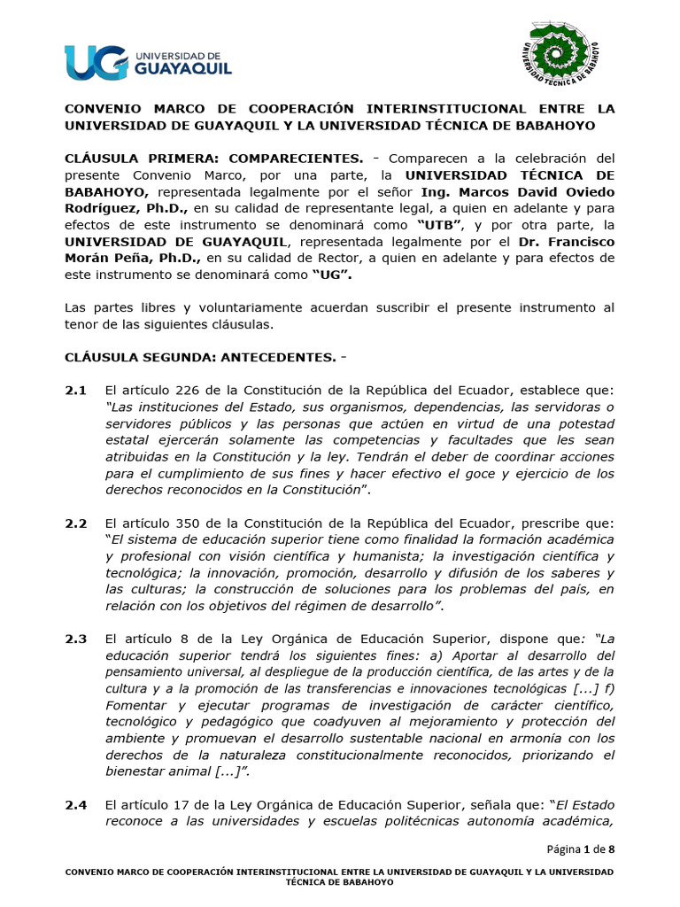 Convenio Marco Coop Entre UGy Ude Babahoyo | PDF | Mediación | Universidad