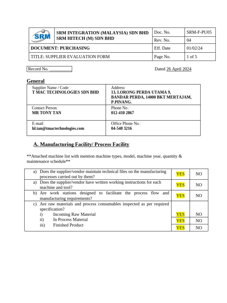 SRM-F - PU05 Supplier Evaluation Form (Rev 04) | PDF | Occupational ...