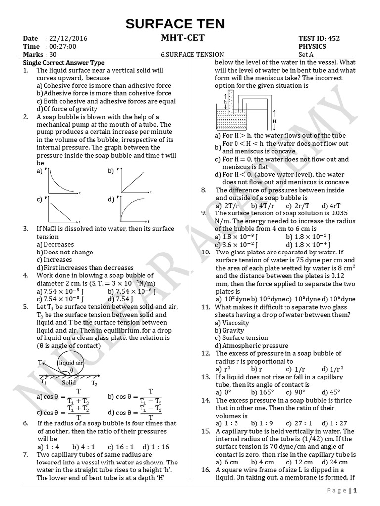 Surface Tension Physics Test Questions | PDF | Surface Tension | Drop ...