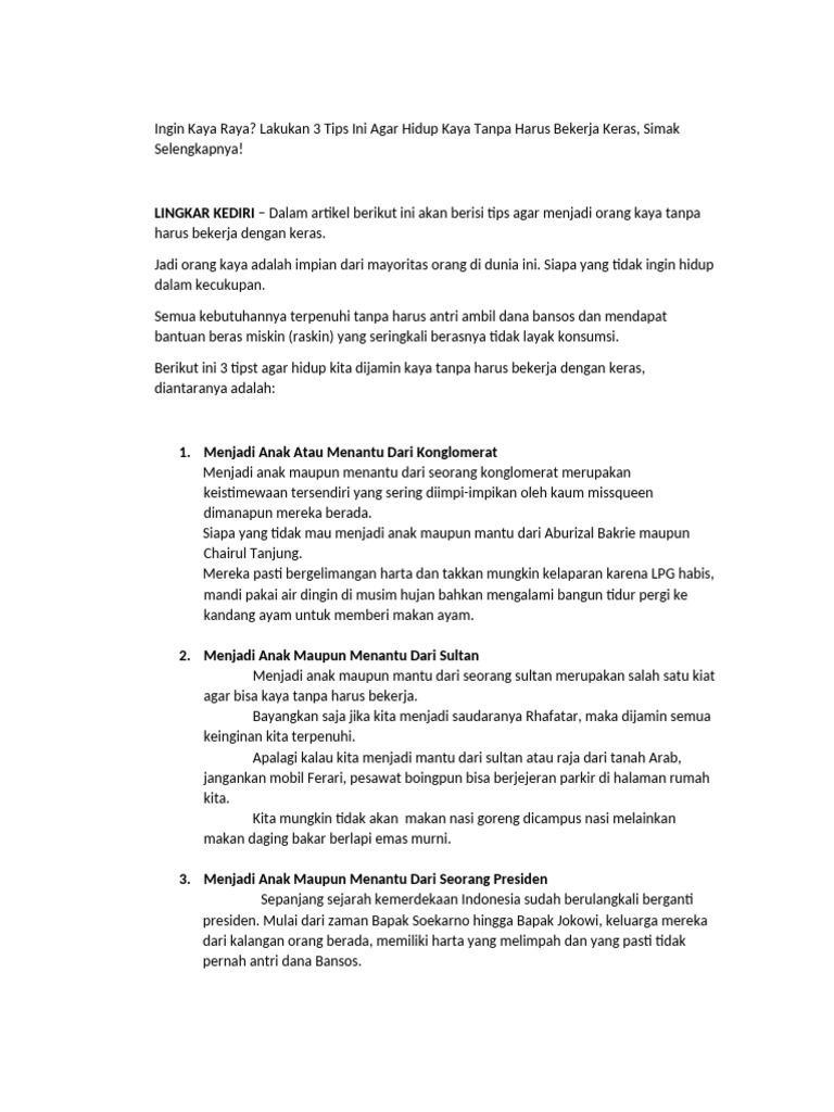 Tips Kaya Tanpa Kerja Keras | PDF