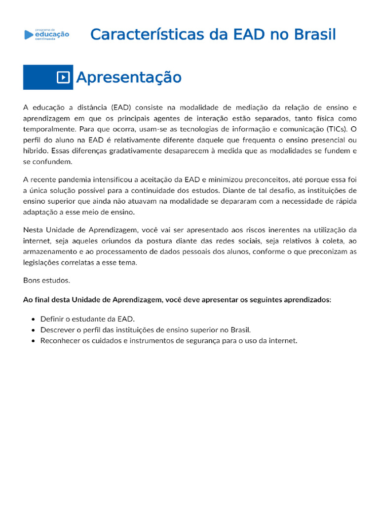Características Da EAD No Brasil - Plataforma A | PDF