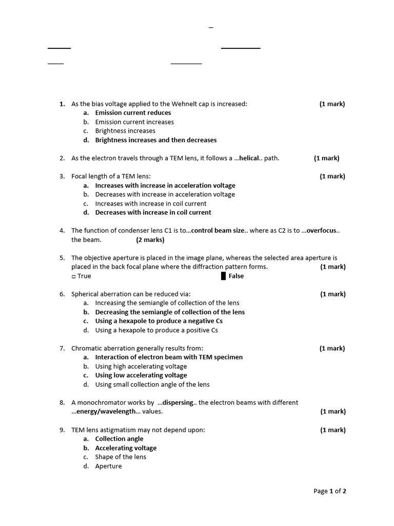 TEM Quiz on Electron Behavior & Imaging | PDF | Transmission Electron ...