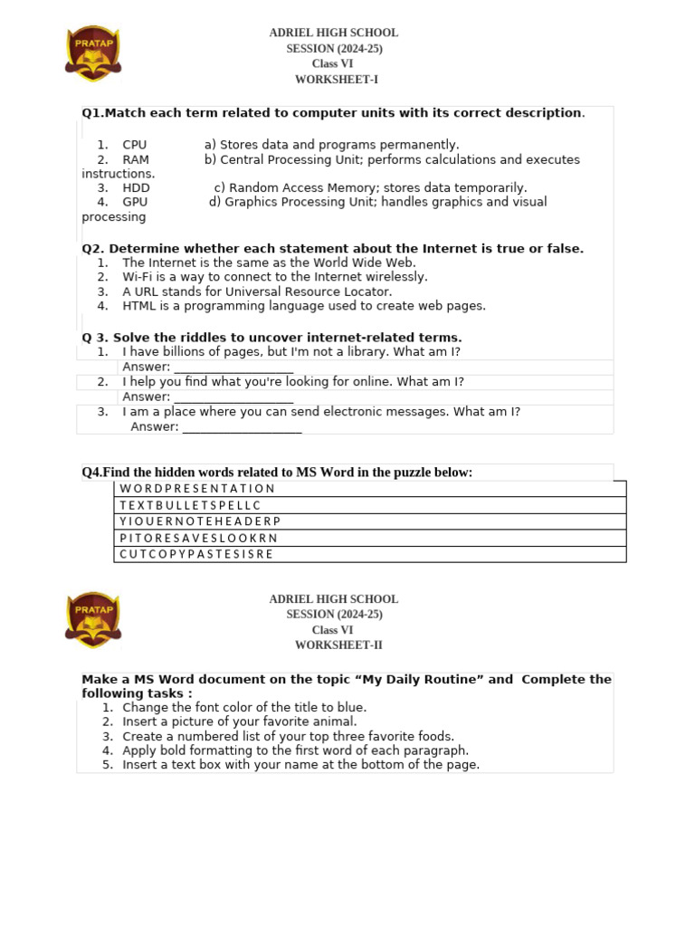 Class 6 Worksheet | PDF
