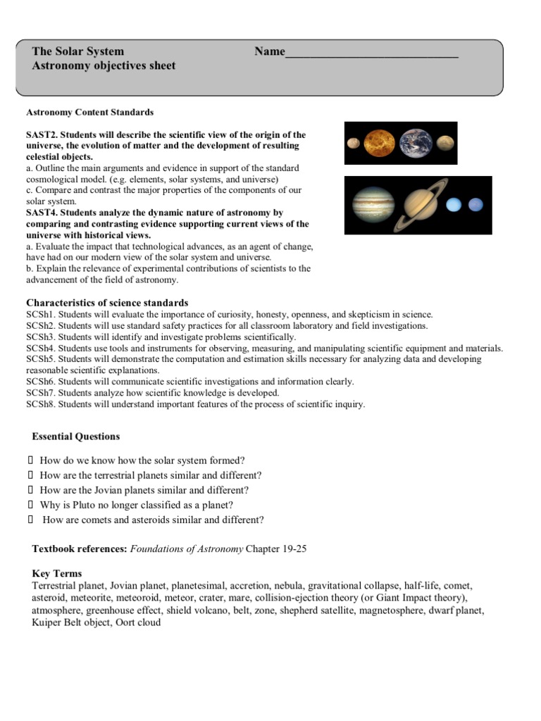 Solar System Objectives Sheet Solar System