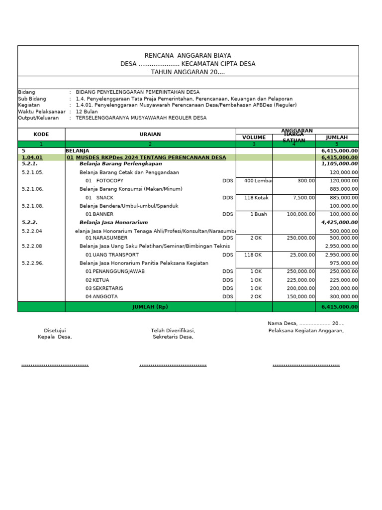 Rencana Anggaran Musyawarah Desa 2024 | PDF